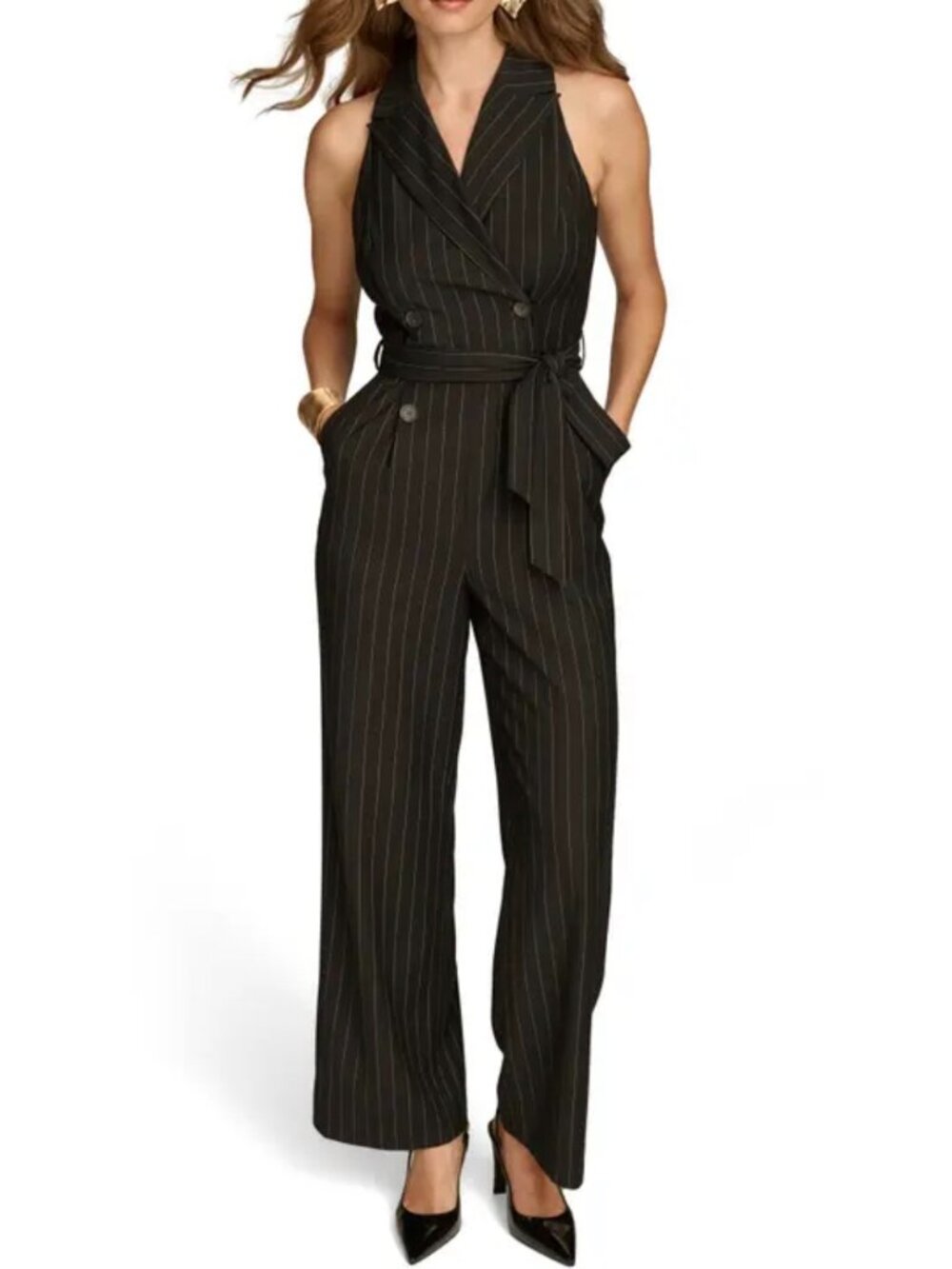 Donna Karan Sleeveless Collared Striped Double Breasted Jumpsuit Size 8